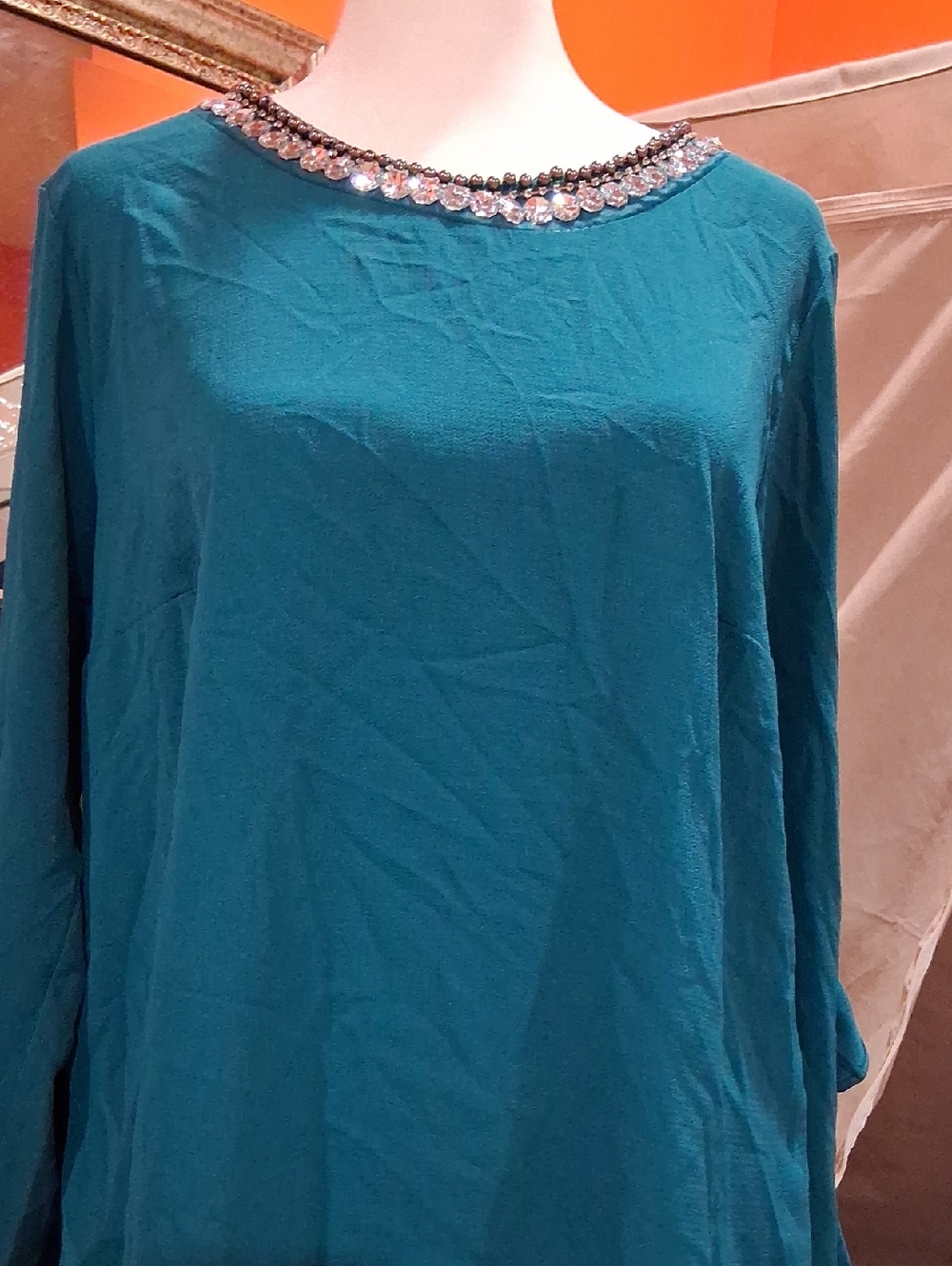meraki Teal Beaded-Neck Long Sleeve Tunic